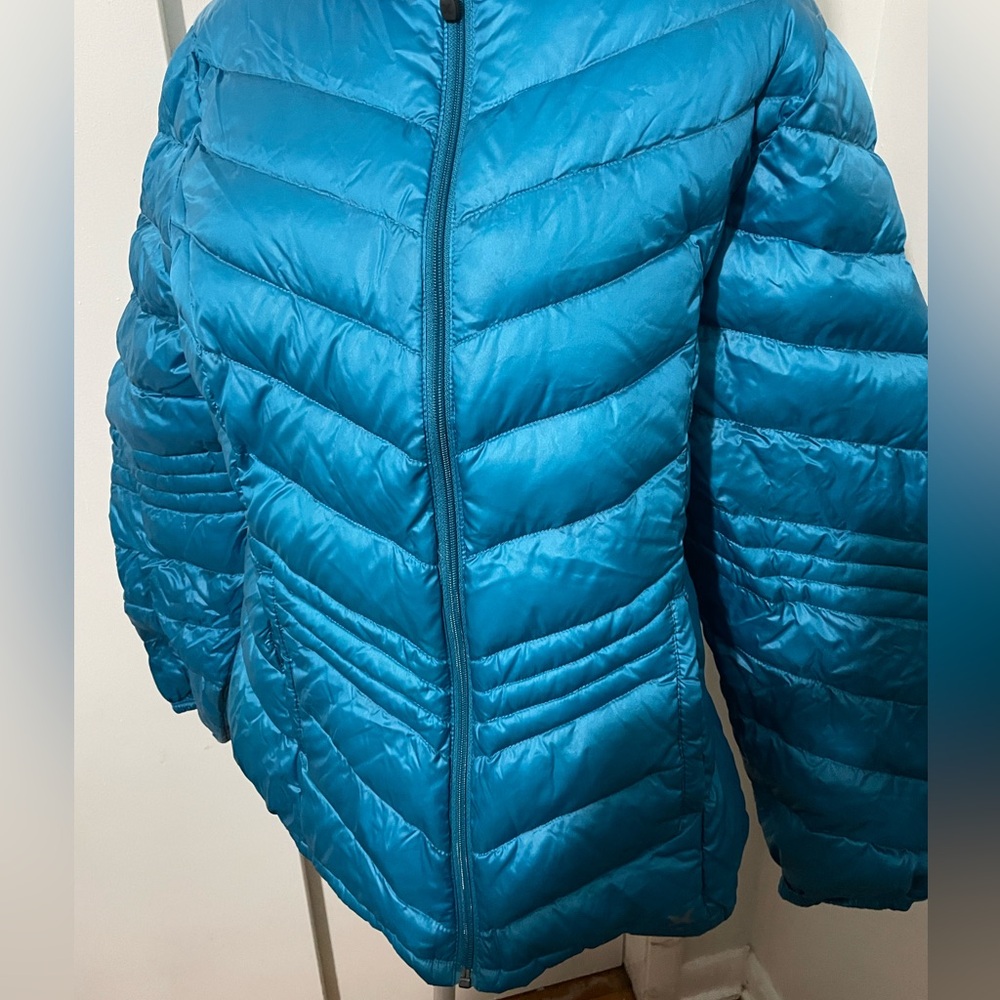 XERSION PACKABLE PREMIUM DOWN COAT Lightweight Hooded Puffer Zipper Aqua Blue L - Picture 3 of 10